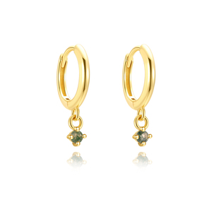 Boucles d'oreilles créoles classiques en pierre verte en gros, en argent sterling S925 avec breloque en agate mousse pour femmes - Product Image 2