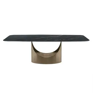 طاولة سوداء مستطيلة الشكل من الحجر متكلس ، أرجل من الفولاذ الكربوني ، طاولة غرفة طعام بسيطة لـ 6