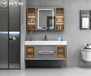 Mobile da bagno moderno di lusso USA popolare mobile in legno massello di colore grigio con piano in marmo e lavabo