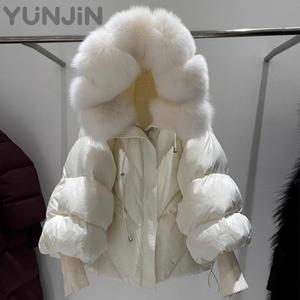 Parka Invernale da Donna <span class=keywords><strong>Oversize</strong></span> con Cappuccio e Collo in Vera Pelliccia di Volpe, Imbottito in Piumino d'Oca Bianco, Maniche in Maglia, Cappotto Spesso e Caldo - Product Image 1