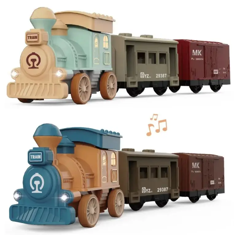 Educational Puzzle Cartoon Train Friction Toy Vehicle Electric Press And Slide Train Carriage With Music And Light