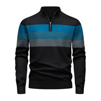 Pull chaud en tricot épais 100 % polyester pour homme, taille européenne, avec demi-fermeture éclair, rayures et blocs de couleur, mode automne/hiver