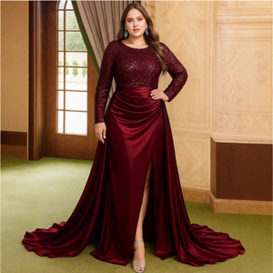 Vestido de Noche para Mujer, Manga Larga, Cuello Redondo, Lentejuelas, Satén, Abertura Lateral, Maxi, Ecológico, Natural, Formal, para Fiesta, Boda, Banquete, Elegante, Talla Grande - Product Image 1