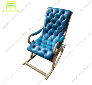 Luxury Bamboo Rocking Chair For Adults Soft Blue Tufted Armrest Seat Living Room Garden Set Comfortable Furniture Best Price