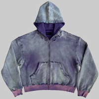 Sweat à capuche unisexe tie-dye violet zippé, design à franges déchirées, doublure contrastante, coupe oversize, streetwear décontracté, style vintage délavé