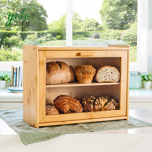 Double Layer Wood Bamboo Bread Box with Acrylic Window