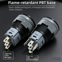 Botón Pulsador Redondo de Plástico de 16 mm, Carcasa Plateada y Negra, Impermeable, Autobloqueante, con Reinicio Automático, Interruptor Iluminado por LED
