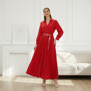 D472 Elegante Abito Lungo Casual da <span class=keywords><strong>Donna</strong></span>, <span class=keywords><strong>Vestito</strong></span> Primaverile alla Moda con Scollo a V, Plissettato, <span class=keywords><strong>Maniche</strong></span> <span class=keywords><strong>Lunghe</strong></span>, Logo sul Retro, Abito Tinta Unita con Cintura - Product Image 2