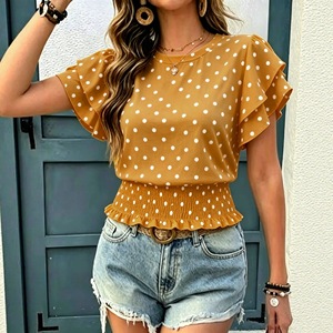 T-shirt girocollo stampata <span class=keywords><strong>a</strong></span> <span class=keywords><strong>pois</strong></span> con arricciature, stile europeo-americano, nuova collezione Primavera/Estate 2026 per il commercio transfrontaliero - Product Image 4