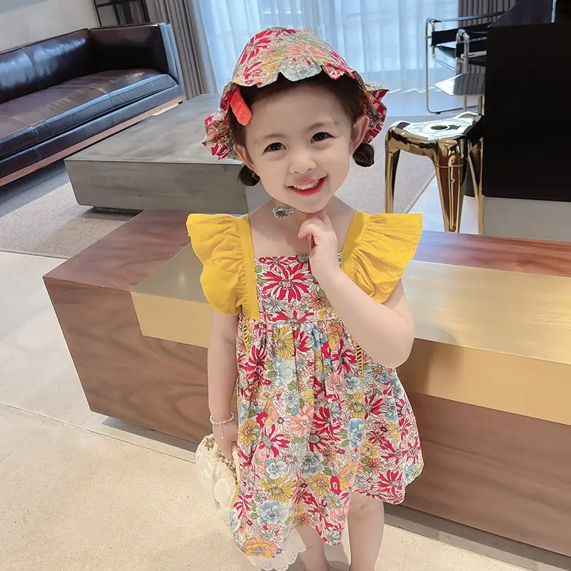 Bán Buôn Big Kids Mặc 2 Cái Drees + Straw Hat Mùa Hè Trẻ Em Cô Gái Ăn Mặc