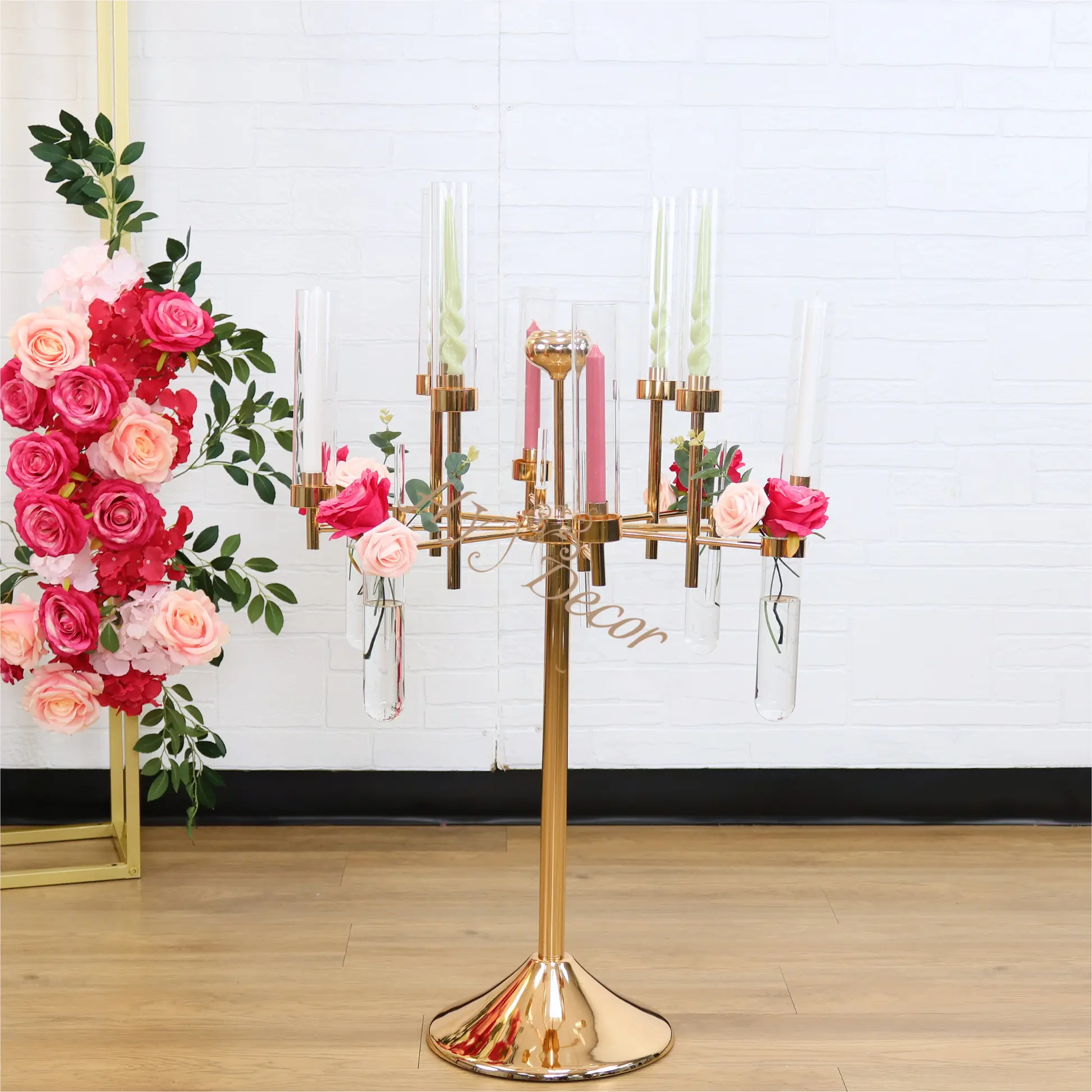 HY Elegant Home Decor Candlesticks Glass Candelabra Vase Decor Candle Holder Table Centerpieces