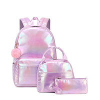 Ensemble de sacs d'école 3-en-1 pour filles : sac à dos, sac à déjeuner et trousse à crayons, en PVC imperméable, grande capacité, motif géométrique, style tendance