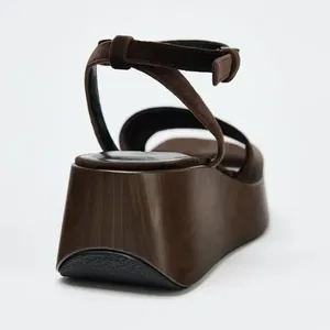 Sandales compensées rétro en velours pour <span class=keywords><strong>femme</strong></span>, à bout ouvert et bride cheville, confortables pour la plage, les vacances et les soirées - Product Image 6