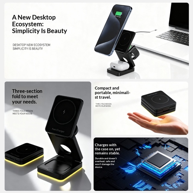 Three-in-one Multifunctional Foldable Magnetic Wireless Charger Type-C Input Phone Stand ABS Material Wireless Charging