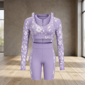 Ensemble de protection contre les éruptions cutanées à manches longues pour femmes, imprimé floral, Spandex, Polyester, séchage rapide, kit d'entraînement à compression, violet - Product Image 4