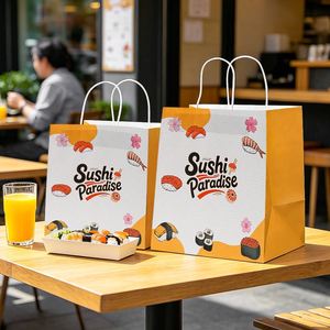 Sacs à emporter en papier kraft personnalisés avec logo de restaurant, recyclables, laminés, écologiques, avec poignée pour les sushis - Product Image 6