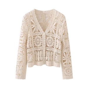 Cárdigan de punto calado de manga larga para mujer, con cuello en V, ajuste holgado, chaqueta de verano transparente - Product Image 1