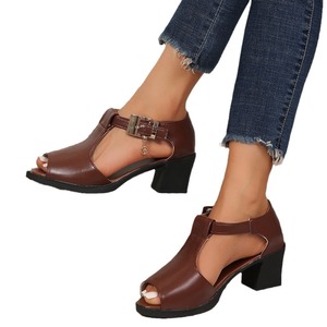 Women's Open Toe Fish Mouth Roman Sandals Mid Thick <b>Heel</b> Breathable Hollow Summer Casual Fashion <b>Heels</b> - Product Image 6