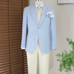 Traje Casual para Hombre MTM, Azul Claro, Mezcla de Lana, Seda y Lino, Blazer con Forro Parcial y Diseño Espigado, Transpirable para Verano - Product Image 2