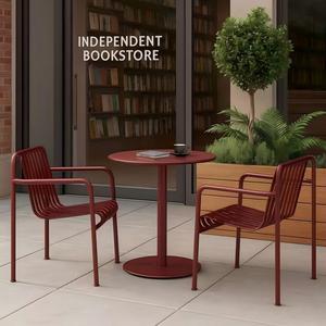 Juego de mesa y cuatro sillas para exteriores, sencillo, resistente a la lluvia y al sol, para tiendas de café o té con leche, Material metálico duradero, arte del hierro rojo - Product Image 3