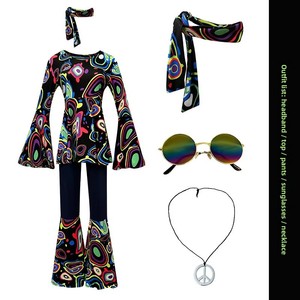 Costume de disco vintage des années 70 pour femmes Costume imprimé Hippie Cosplay des années <span class=keywords><strong>80</strong></span> avec bandeau pour Halloween Party & TV & Movie Costumes - Product Image 1