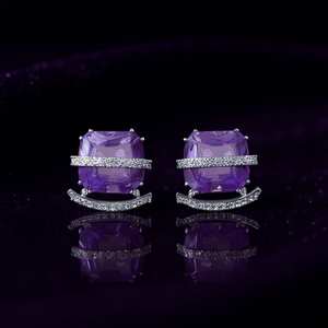 E2899 <b>Purple</b> Gemstone Stud Earrings <b>Cushion</b> Cut Geometric Design Claw Setting Women's Fashion Jewelry Party Trendy Alloy - Product Image 2