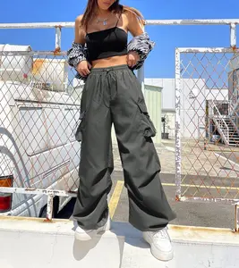 New Fashion Women Hip Hop High Elastic Waist Flap Pocket Drawstring Waist Cargo Pants