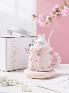 Vente en gros de tasses à bec pour enfants, mignonnes, en céramique, avec couvercle, motif lapin 3D, 400 ml, pour le petit-déjeuner, sublimation - Product Image 6
