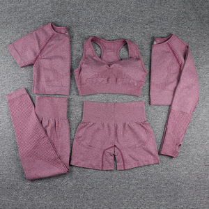 Fiess Tallas grandes Sujetador deportivo sin costuras Leggings Entrenamiento Yoga Set 2/3/5PCs Patrón sólido Crop Top Logo Crop Top Sujetador deportivo Leggings - Product Image 5