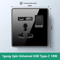 Prise britannique 13A version Hong Kong avec charge rapide USB, panneau tactile, trois trous, carrée, noire, en verre trempé, Irlande, Maldives