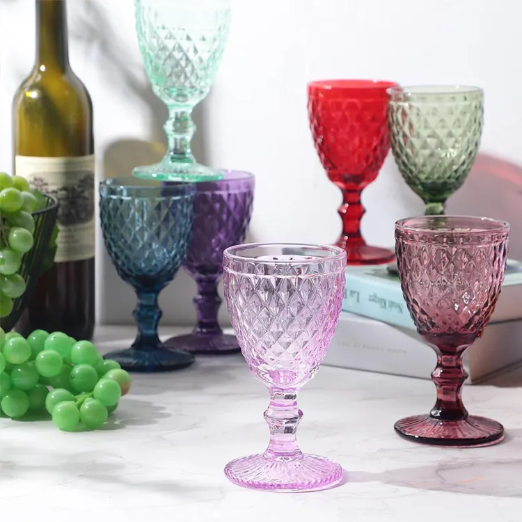 כלי זכוכית סיטונאי רב פעמי צבעוני משובח מובלט מתנה מזון נייד כיתה זכוכית מים כוסות יין כחול