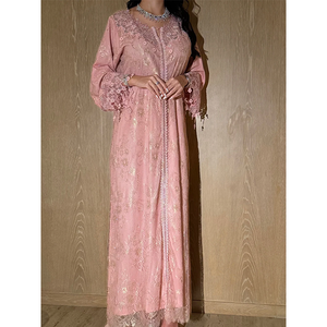 Robe musulmane pour femme LEDUO, nouvelle mode, dentelle personnalisée, col rond, manches amples, abaya ouverte - Product Image 1