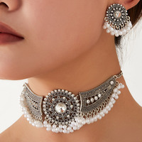 Ensemble de bijoux pour femmes, collier et boucles d'oreilles ethniques rétro exagérés, pampilles, collier ras du cou en cristal, collier indien à perles, cadeau