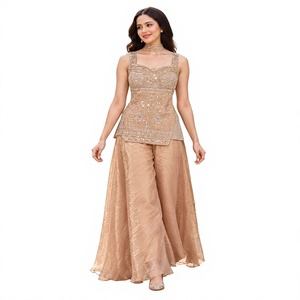 Ensemble haut et pantalon palazzo beige brodé Bandhani pour femme avec collier ras du cou - Product Image 1
