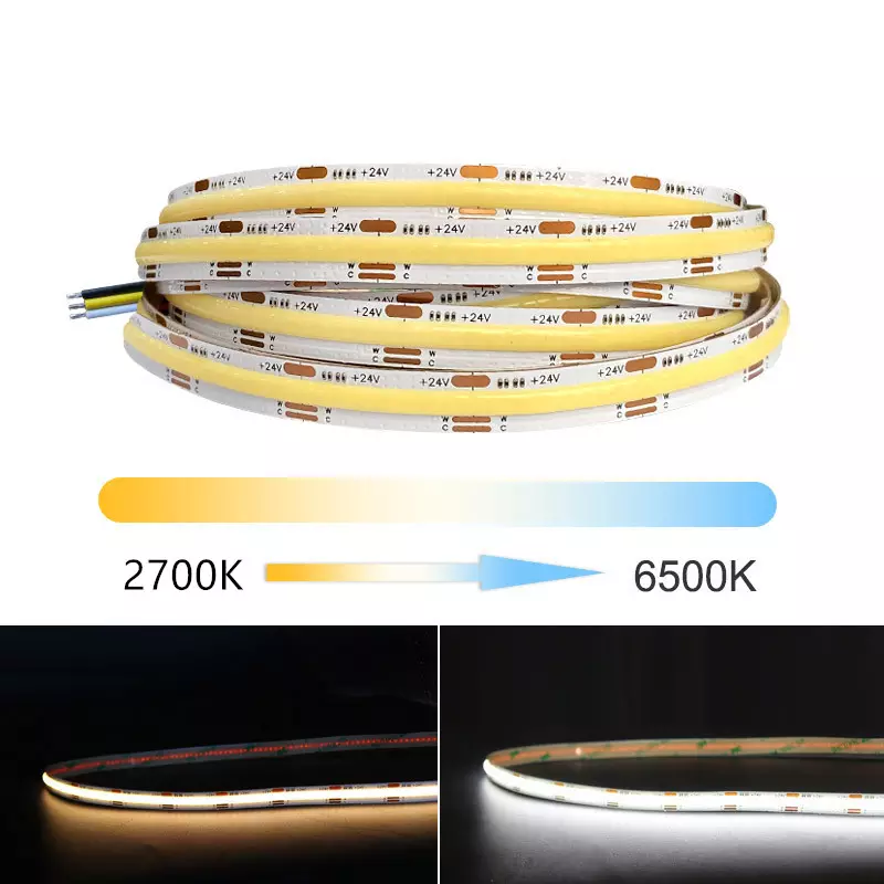 Dimmable Tunable White 2700K-6500K 24V CCT COB LED Strip Lights Kit with Power Supply and Dimmer Controller