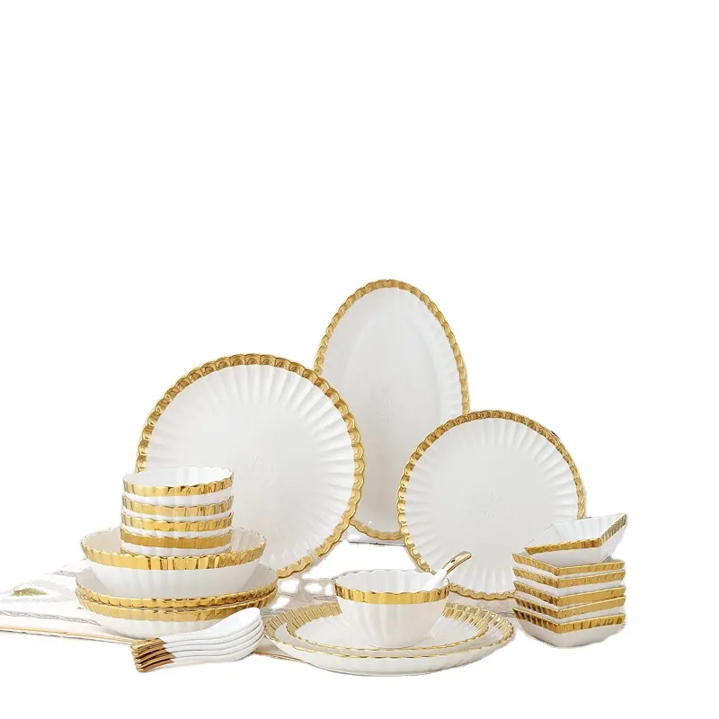 Nordic beyaz altın jant mutfak sofra seramik kase plakaları setleri seramik yemek takımları lüks çanak çömlek yemek takımı