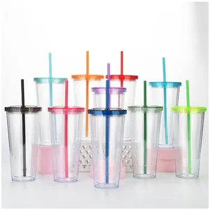 Wholesale Multi Color Lids 24oz 16oz Clear Plastic Double Wall Clear Tumbler With Straw
