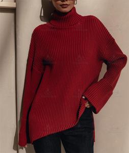 Pull col roulé côtelé crème de luxe minimaliste pour femme avec ourlet asymétrique pour fournisseur B2B en marque blanche - Product Image 3