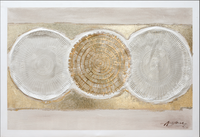 Peintures abstraites texturées or et blanc à trois cercles, art mural, design abstrait haut de gamme pour la décoration intérieure