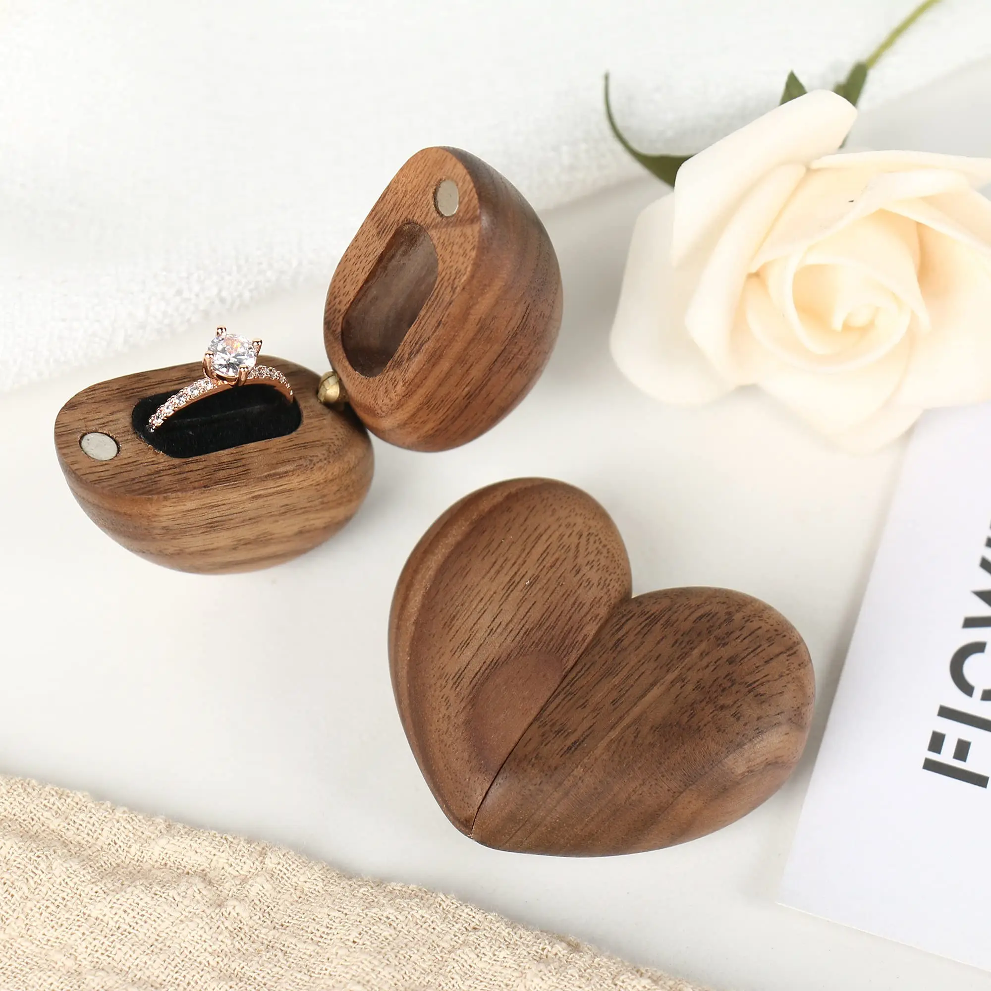 Customize heart shape walnut wood ring box jewelry wood box for wedding gifts