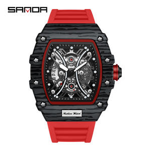 Montre à quartz pour homme SANDA 7044, bracelet en silicone rouge, cadran découpé tonneau, lumineuse, Relogio Masculino - Product Image 4