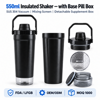 Bouteille shaker isotherme en acier inoxydable de 550 ml avec compartiment à pilules, stockage de compléments alimentaires, shaker à protéines sous vide anti-fuite, 12-24 heures