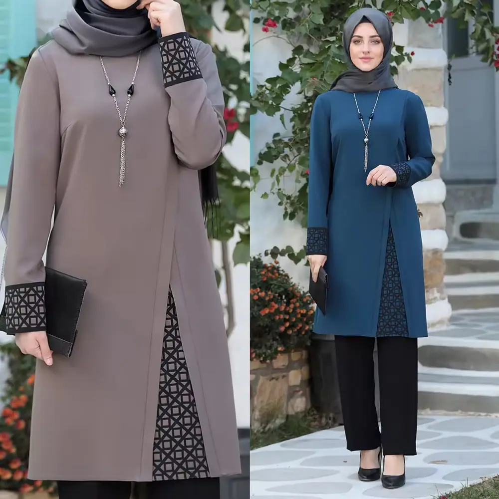 पारंपरिक मुस्लिम मामूली कपड़े अंगरखा शीर्ष पतलून दो-टुकड़े सेट ठोस रंग मामूली मुस्लिम महिलाओं सूट
