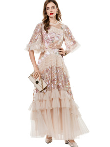 <span class=keywords><strong>Abito</strong></span> da Sera <span class=keywords><strong>Lungo</strong></span> Taglie Forti 2025 Autunno Donna, Ricamo Floreale Paillettato All-Over, Maniche Svasate, Balze <span class=keywords><strong>a</strong></span> Cascata, Vestito <span class=keywords><strong>Lungo</strong></span> 4XL - Product Image 5