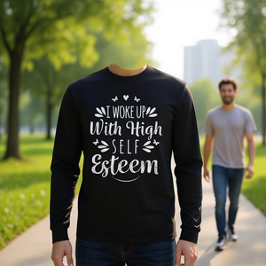 Camiseta de manga larga con cuello redondo unisex para adultos, con la frase 'Me Desperté con Alto Criterio de Autoestima', ropa promocional - Product Image 4