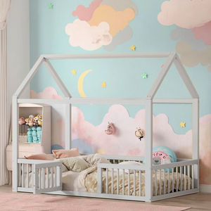 Maison d'arbre pour enfants <span class=keywords><strong>Lit</strong></span> en bois simple pour enfants 90X200 cm Base à latte blanche avec barrière de garde-robe et marches Cabine pour enfants - Product Image 1