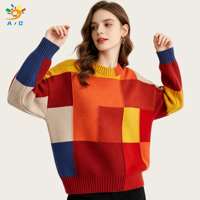 AJB Pull en maille tricotée à col rond pour femme, coupe ample, manches longues, motif patchwork, anti-boulochage, 7GG, personnalisable avec logo, idéal pour l'hiver et les tenues décontractées