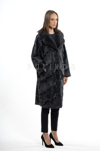 <span class=keywords><strong>Cappotto</strong></span> in Pelliccia di Karakul Nero di Media Lunghezza con Collo in Pelliccia di Visone e <span class=keywords><strong>Tasche</strong></span> Giacche in Pelle Swakara Astrakhan per Signore Inverno - Product Image 4