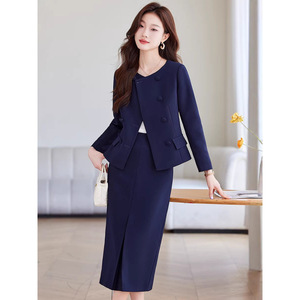 Blue Women's Suit Set Midi Skirt Three Quarter Sleeve Formal Work Attire Anti-Wrinkle Worsted Fabric - Product Image 3