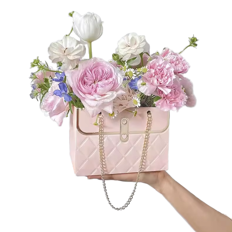 Creative Small White Rectangular Flower Card Paper Bag Handmade Luxury Design 210gsm Thickness Ribbon Handle Foil Hot Stamping